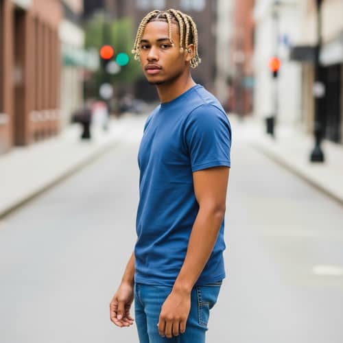Handsome African American Black Man with Braids in Blue T-shirt & Jeans