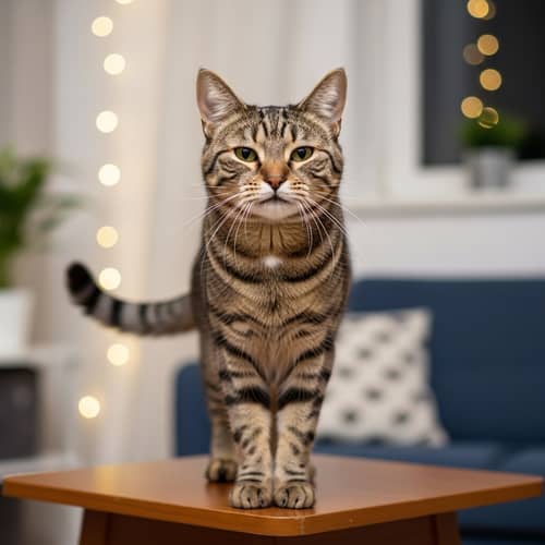 Unique Expressive Domestic Cat on Wooden Table