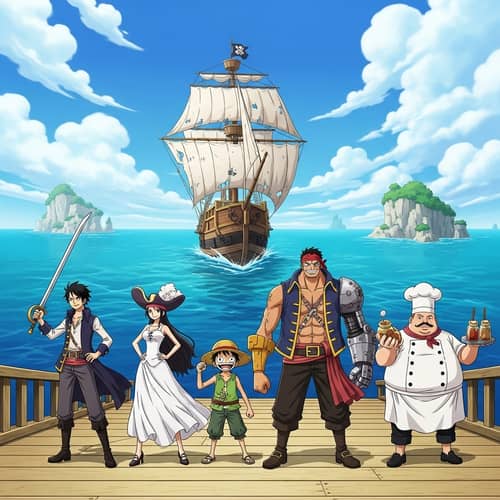Pirate Adventure at Sea: Illustrated Scenery with Eccentric Crew