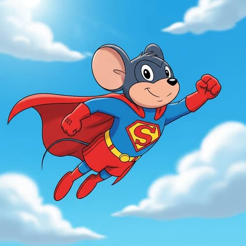 Cartoon Mouse Fly Sky in Superman Outfit