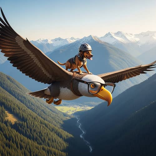 Brown Dog Flying with Bird in Mountains | Whimsical Scene