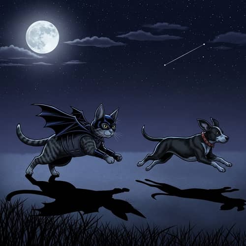 Batman Cat Chasing Dog at Night | Comic Book Superhero Scene