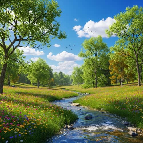 Tranquil Meadow with Wildflowers and Babbling Brook