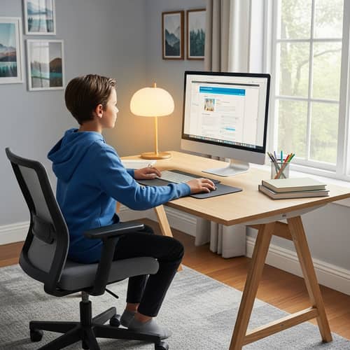 Realistic 11-Year-Old Caucasian Child Computer Desk Image