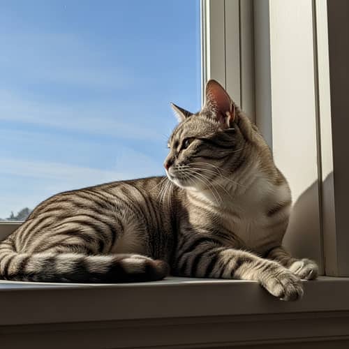 Relaxed Domestic Cat Enjoying Sun from Windowsill