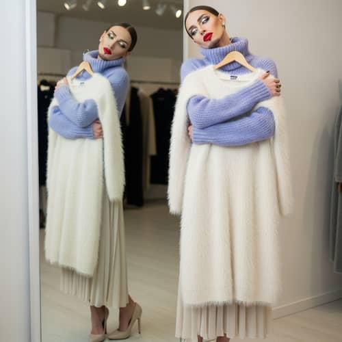Feminized Slender Man in Bright Makeup Selects Fluffy Angora Dress