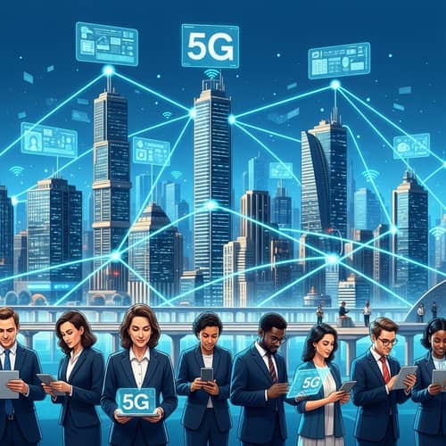Futuristic 5G Internet Cityscape: Data Transfer & Connectivity