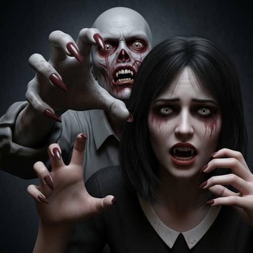 Gruesome Zombie and Terrified Woman in Dark Room