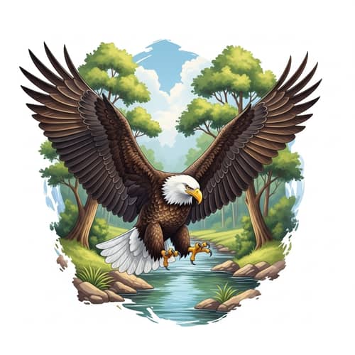 Majestic Bald Eagle Watercolor Art | Forest Stream Background