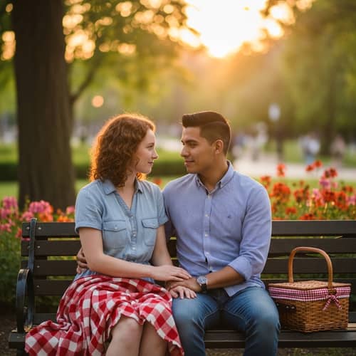 Romantic Park Scene: Couple Enjoying Sunset on Bench