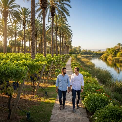 Two Men Walking in Lush Gardens with Palm Trees