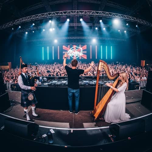 Vibrant EDM Festival with DJ and Bagpipe Player