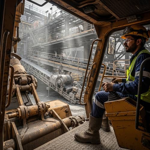 Middle-Eastern Worker Operating Heavy Machinery in Mining Industry