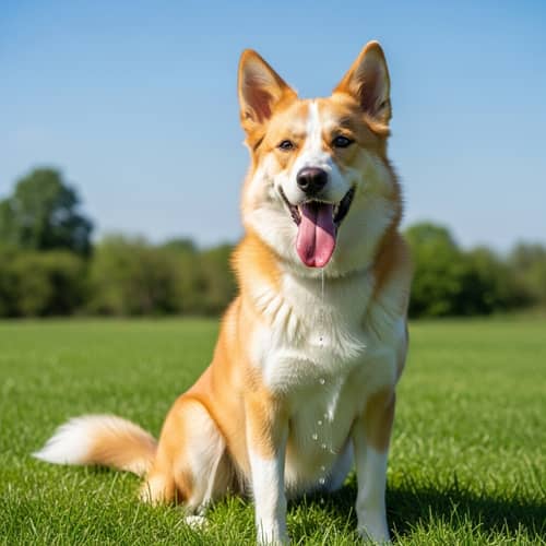 Happy Dog Sitting on Fresh Green Grass | Friendly Golden and White Dog