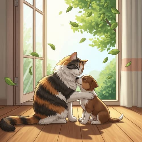 Fluffy Calico Cat and Cute Brown White Puppy Embrace