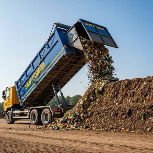 Skip Dump Truck unloading food waste at compost site windrow