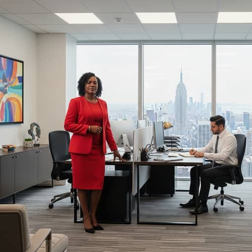 Empowered Female CEO Overlooking City Skyline in Vibrant Office Setting