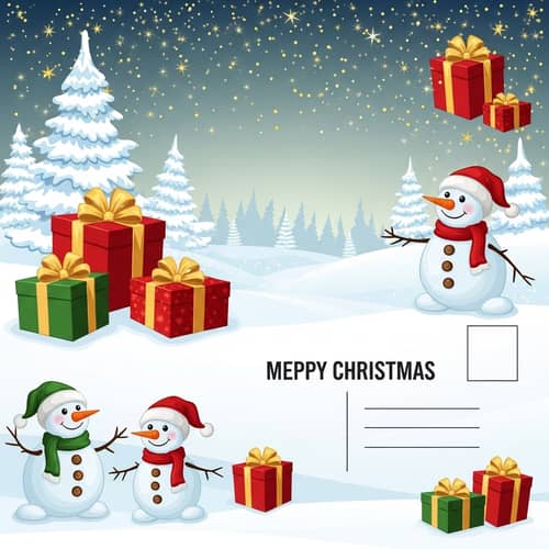 Festive Christmas Postcard with Snowmen and Gifts