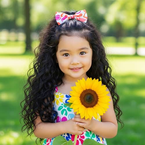 Adorable East Asian Girl with Curly Hair and Sunflower