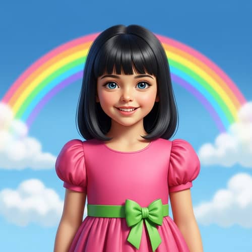 Adorable Girl with Shiny Black Hair in Vibrant Pink Dress