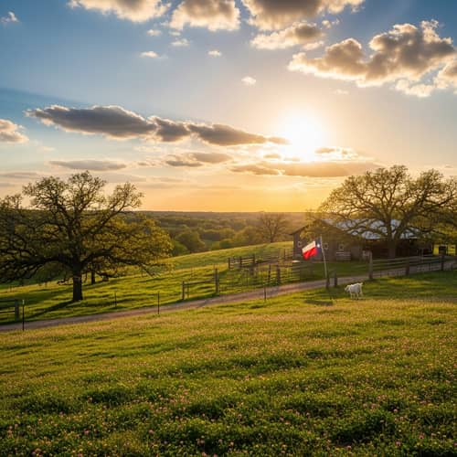 Sunset Scene Over Texas Farm with Oak Trees and Grazing Goat