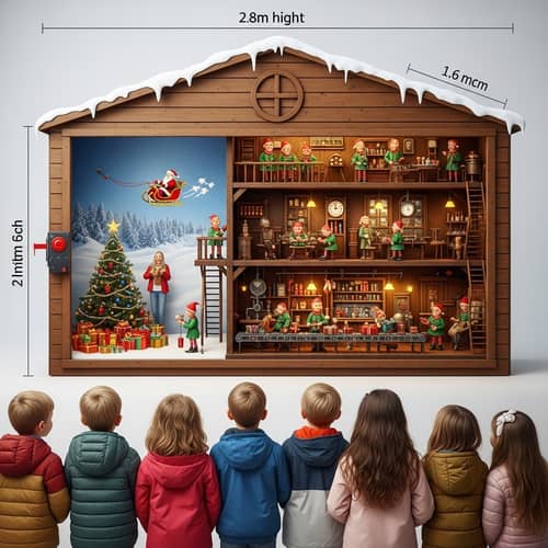 Christmas Wooden Storefront with Elves and Santa's Workshop