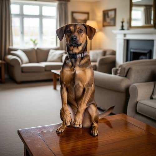 Happy Brown Dog Sitting on Table in Cozy Living Room