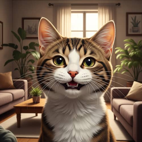 Delightful Feline Close-Up Portrait in Room | Charming Smile & Gleaming Eyes