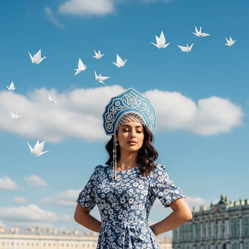Modern Brunette in Kokoshnik Praying at Hermitage