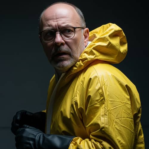 Middle-Aged Caucasian Man in Yellow Hazmat Suit