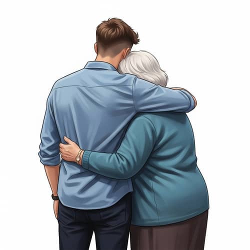 Emotional Hug of Young Man and Grandma | Heartwarming Card Style Art