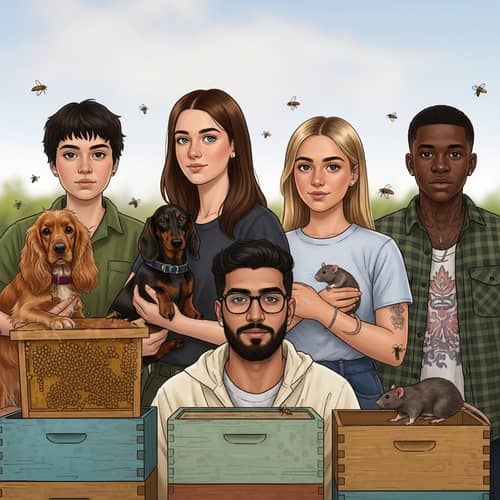 Diverse Group of 19-Year-Old Beekeepers with Pets | Portrait