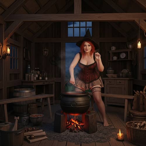 Elderly Witch in 18th-Century Hut - Photo-realistic Night Scene