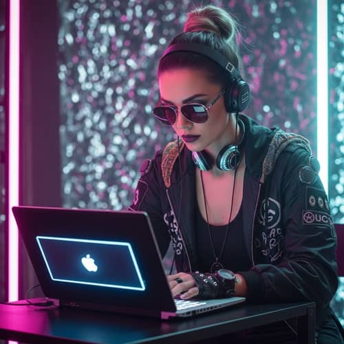 Futuristic Cyberpunk Woman Immersed in Work