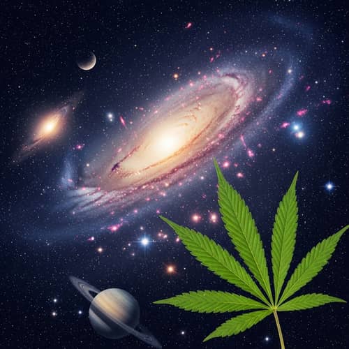 Cosmic Universe and Cannabis Sativa Leaves