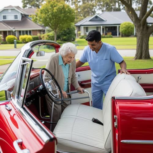 Heartwarming Elderly Care Scene with Classic Car in Sunny Suburbia
