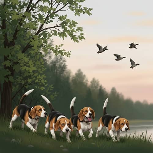 Beagle Dogs Hunting Ducks at Forest Edge