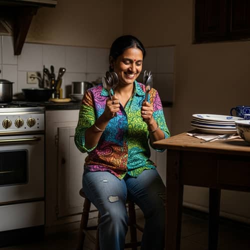 South Asian Female Playing Spoons in Rustic Kitchen