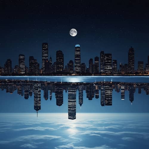 Inverted World Illustration: Night Sky, Cityscape, and Ocean