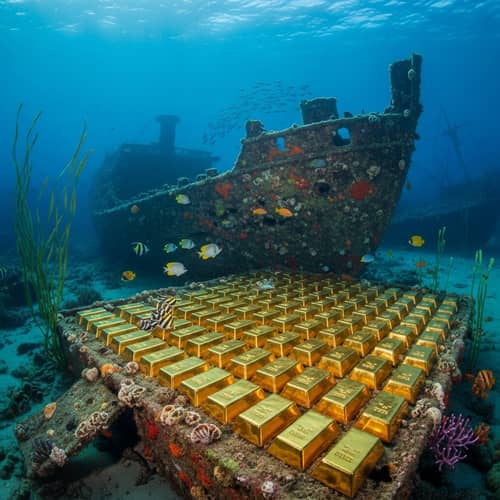 Gold Bars Next to Sunken Ship on Seabed