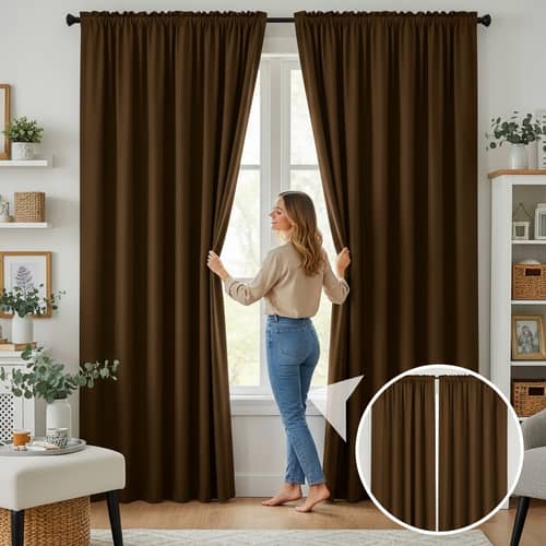Cheerful Woman Opening Coffee-Colored Blackout Curtains in Cozy Room