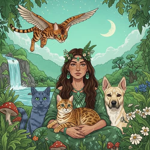 Enchanting Scene of Shaman Woman with Bengal Cat, Blue Russian Cat, and Blond Dog