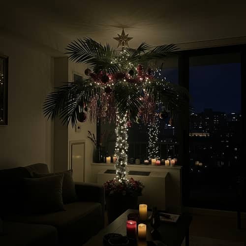 Dark Pre-New Year Apartment with Christmas Palm Tree