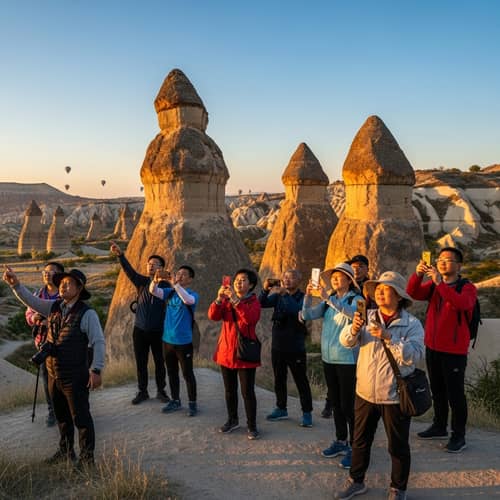 Chinese Tourists Exploring Cappadocia's Fairy Chimneys