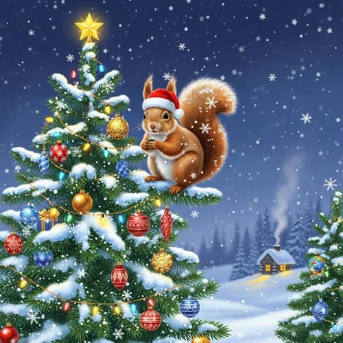 Festive Christmas Scene with Charming Squirrel and Snowy Pine Tree
