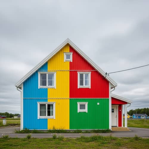Vibrant Multicolored House: Whimsical Landscape Featuring Quaint Home
