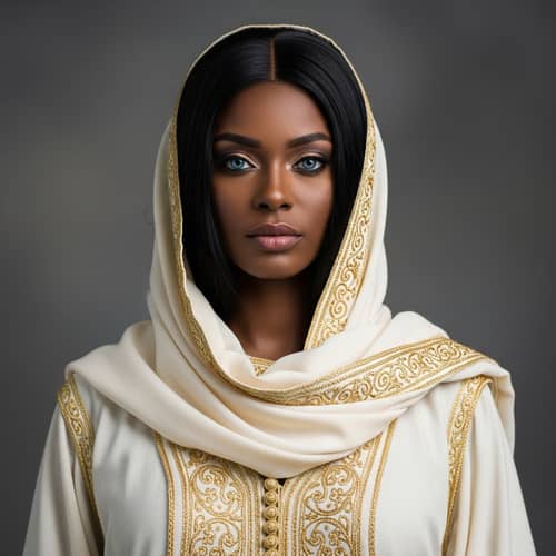 Elegant Black Irish Woman in Traditional Greek Robe