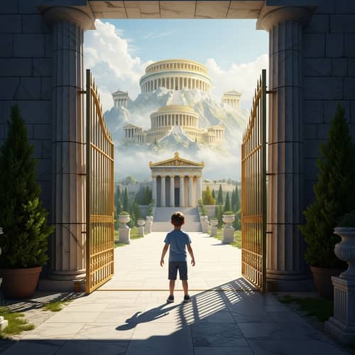 Young Boy Reaching Olympus in Grecian Mythology