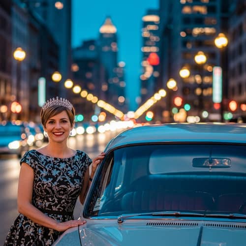 Elegant Woman in Twilight | Vintage Car Philanthropist