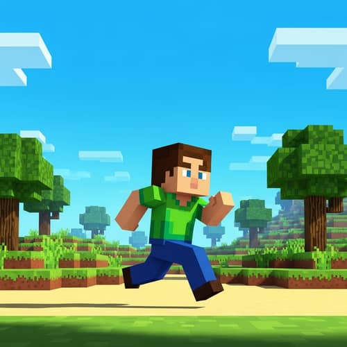 8-Bit Pixelated Character Running in Sandbox Video Game Landscape